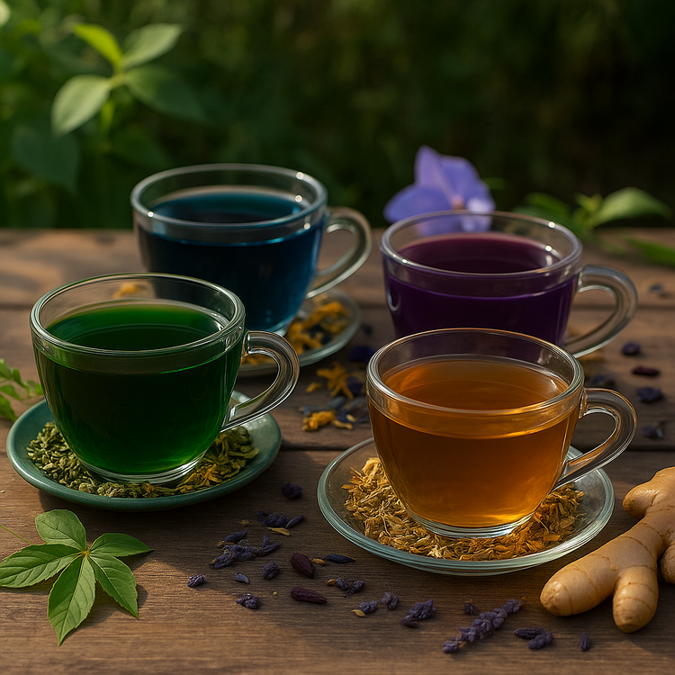 Botanische kruidenthee – alle Herbal Hero blends: groene, blauwe, paarse en gouden thee in glazen kopjes op een houten tafel met kruiden.